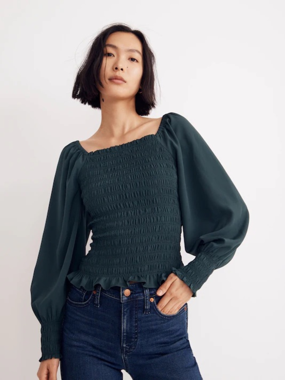 Romantic Whimsigoth Renaissance Madewell Lucie Bubble-Sleeve Smocked Top Green S